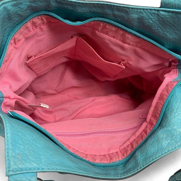 Strada Pleated Shoulder Bag Teal Blue Faux Leather Pink Lining 15"W x 12"H x 5"D - Picture 8 of 11